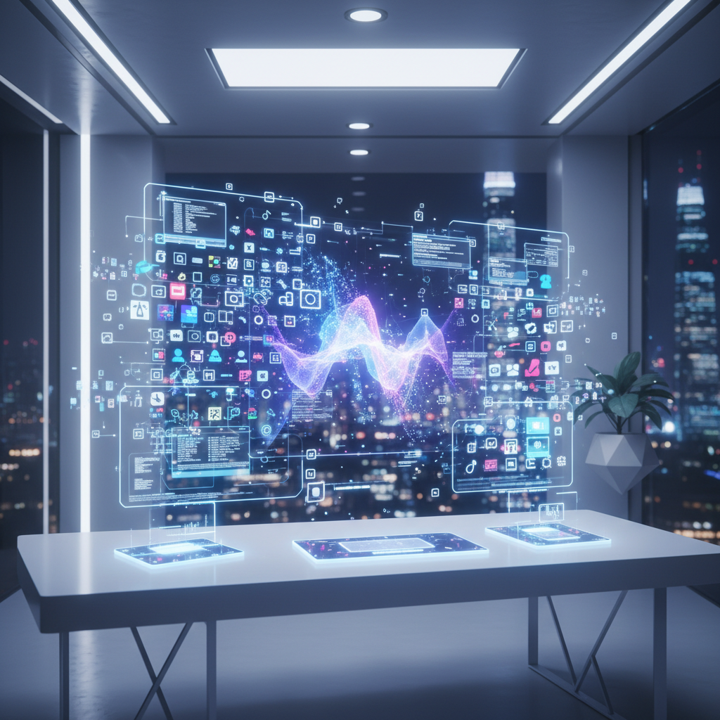 Futuristic digital workspace showcasing software icons for creating faceless content for educational channels, emphasizing a modern production toolkit.