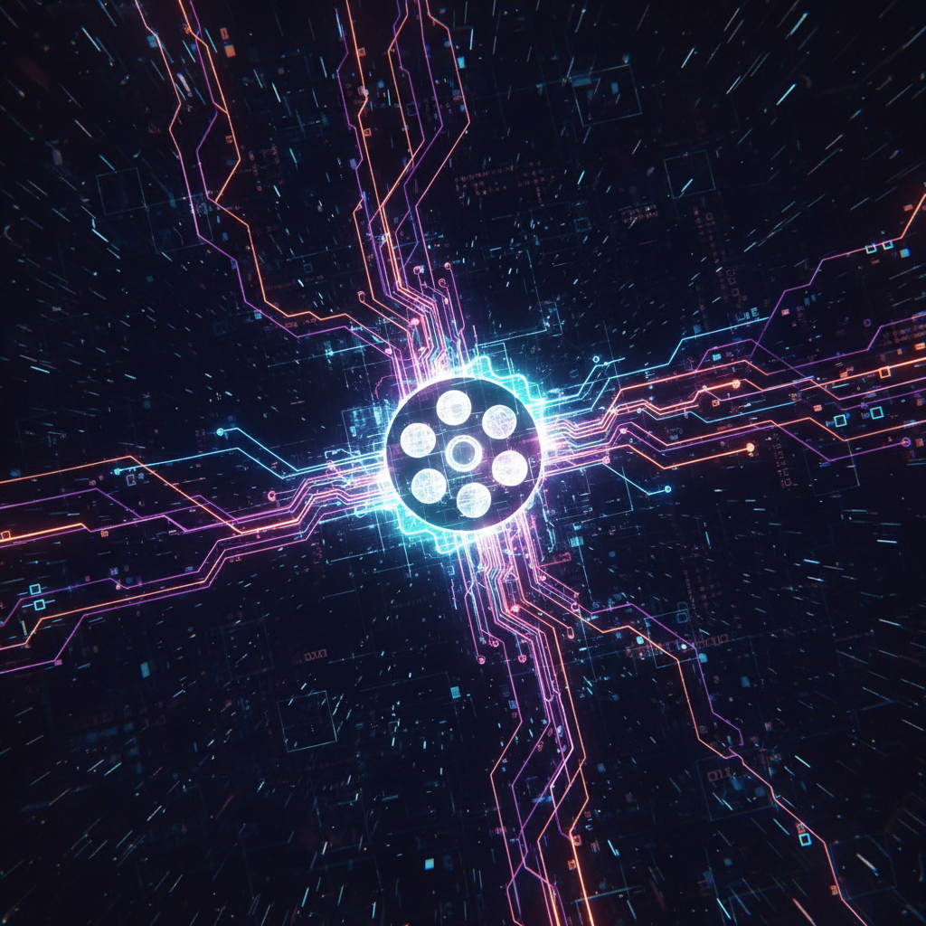 Futuristic illustration of AI nodes and a dynamic reel icon, representing the best AI for creating faceless reels and Instagram optimization