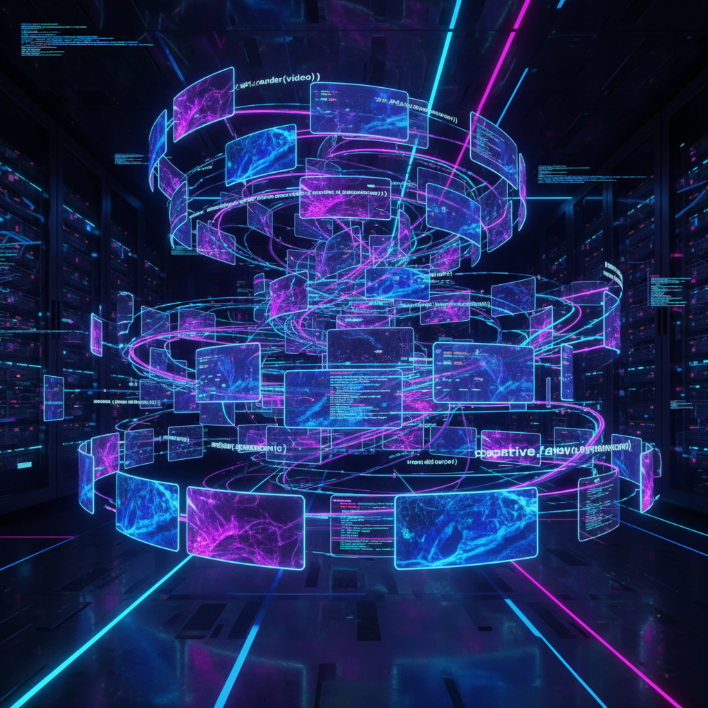 Futuristic illustration of interconnected digital screens showcasing automated video creation with APIs, representing scalable content production.