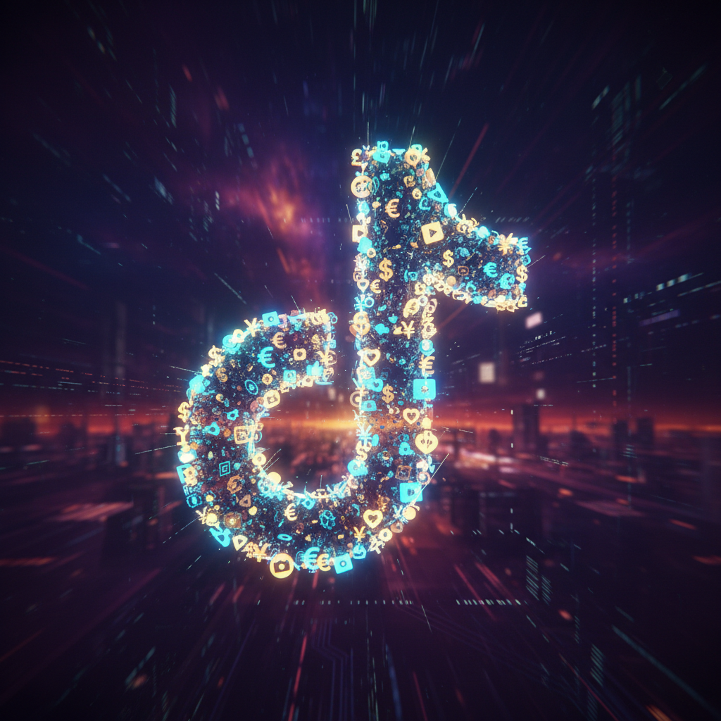 Futuristic illustration of monetizing faceless TikTok accounts with glowing money symbols and social media icons.