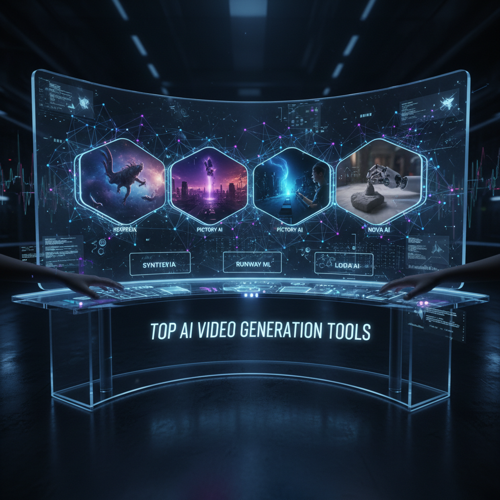 Futuristic interface demonstrating best AI text-to-video tools, with abstract video streams and glowing digital nodes.