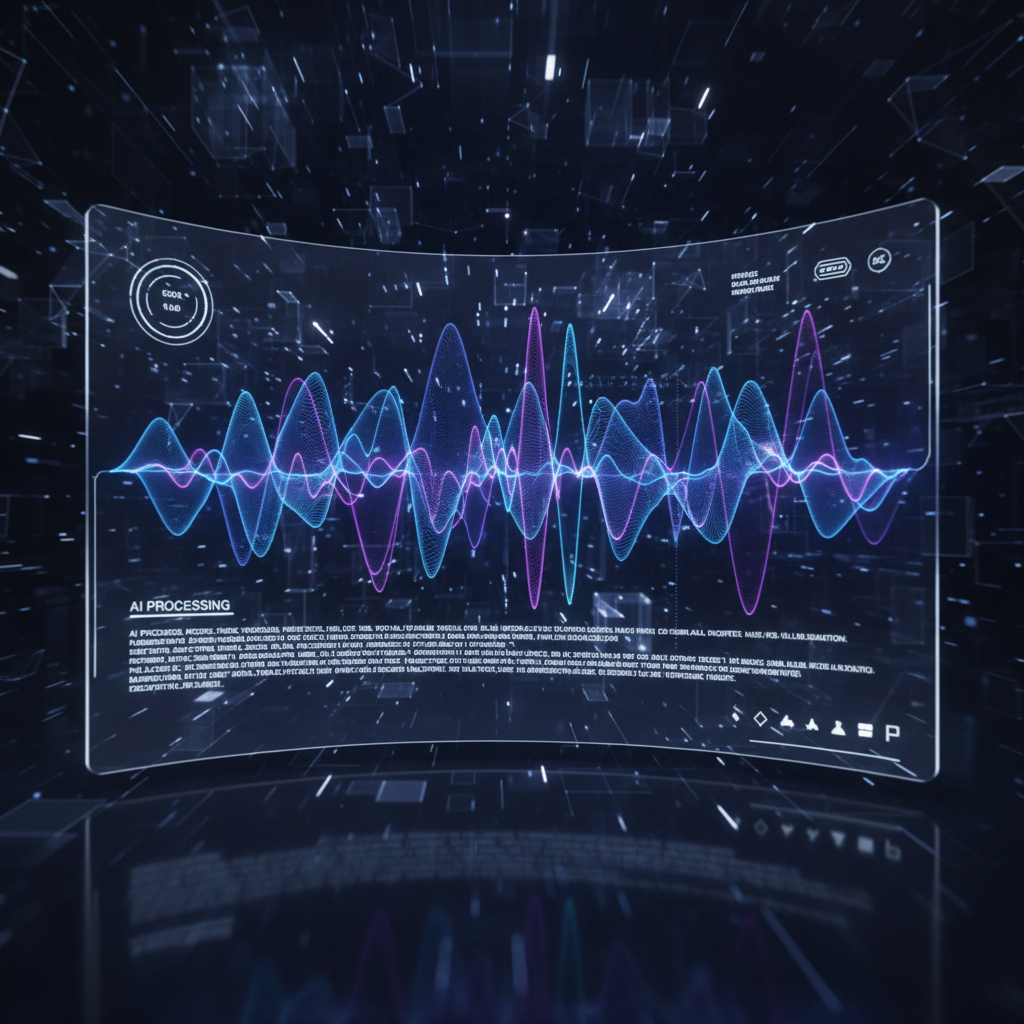 Futuristic interface showcasing AI for subtitle generation, with glowing speech-to-text waveforms on a digital background, illustrating video accessibility.