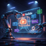 Futuristic robot arm automating YouTube content creation, showcasing the best AI for idea to upload on a digital interface.
