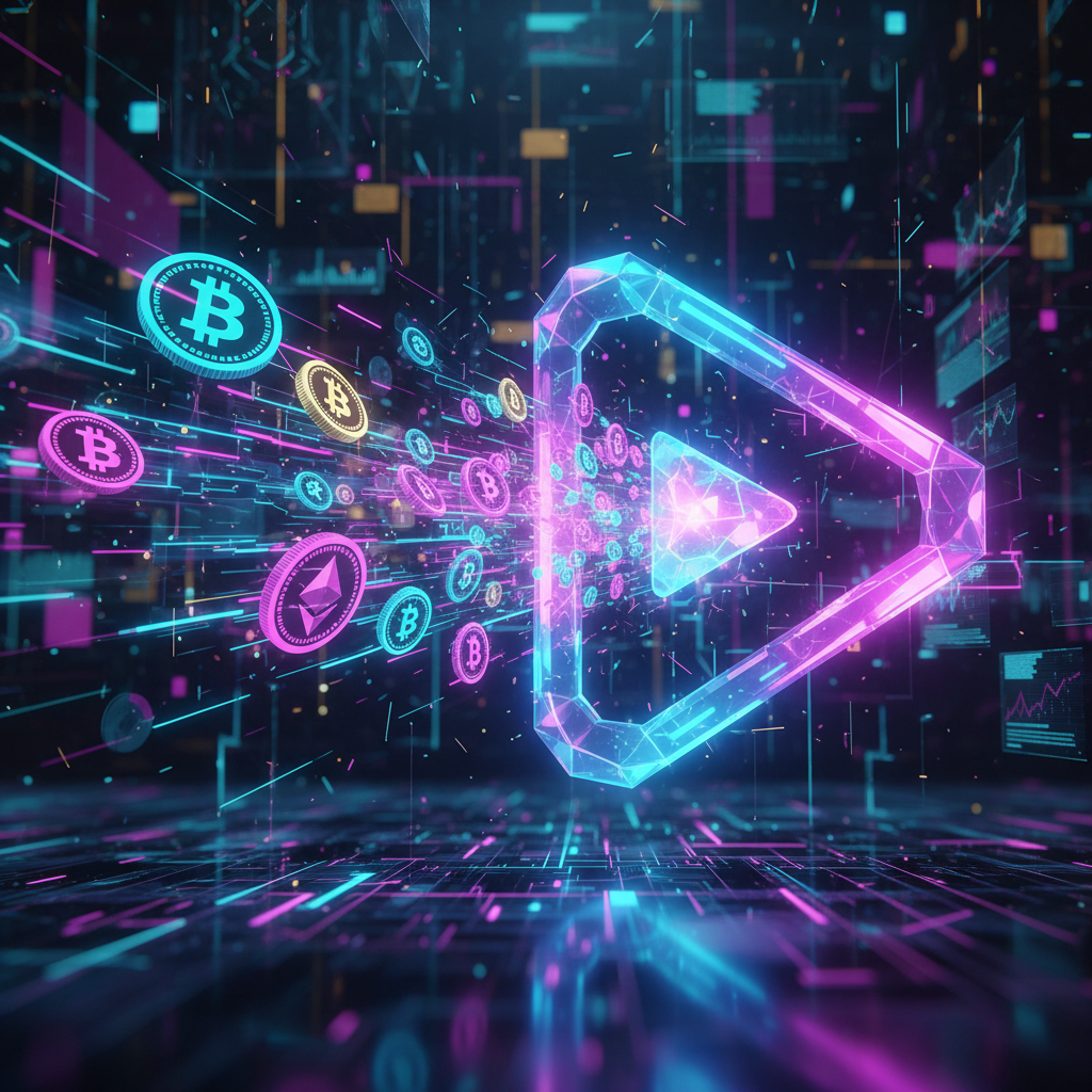 Futuristic visual representing how to monetize a faceless YouTube channel with digital currency and glowing play button.