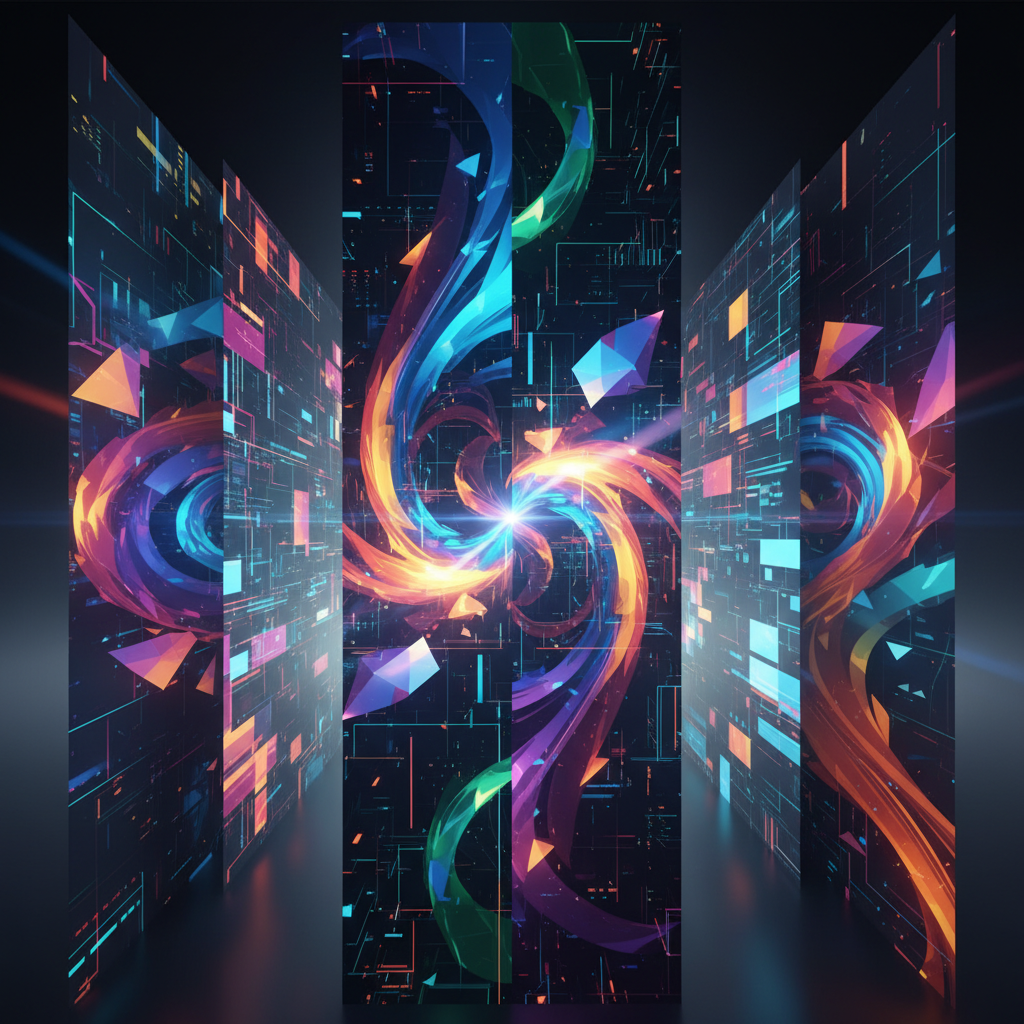 Generative AI for video backgrounds concept: abstract shapes and colors transforming into dynamic, futuristic digital art.