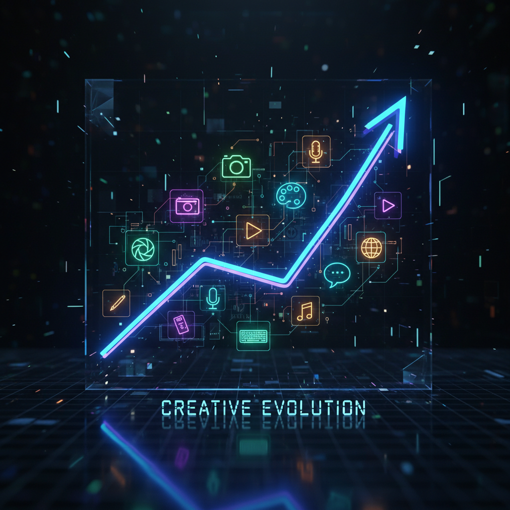 Graph illustrating growth for successful faceless YouTube channels, with digital content creation icons, futuristic digital art.
