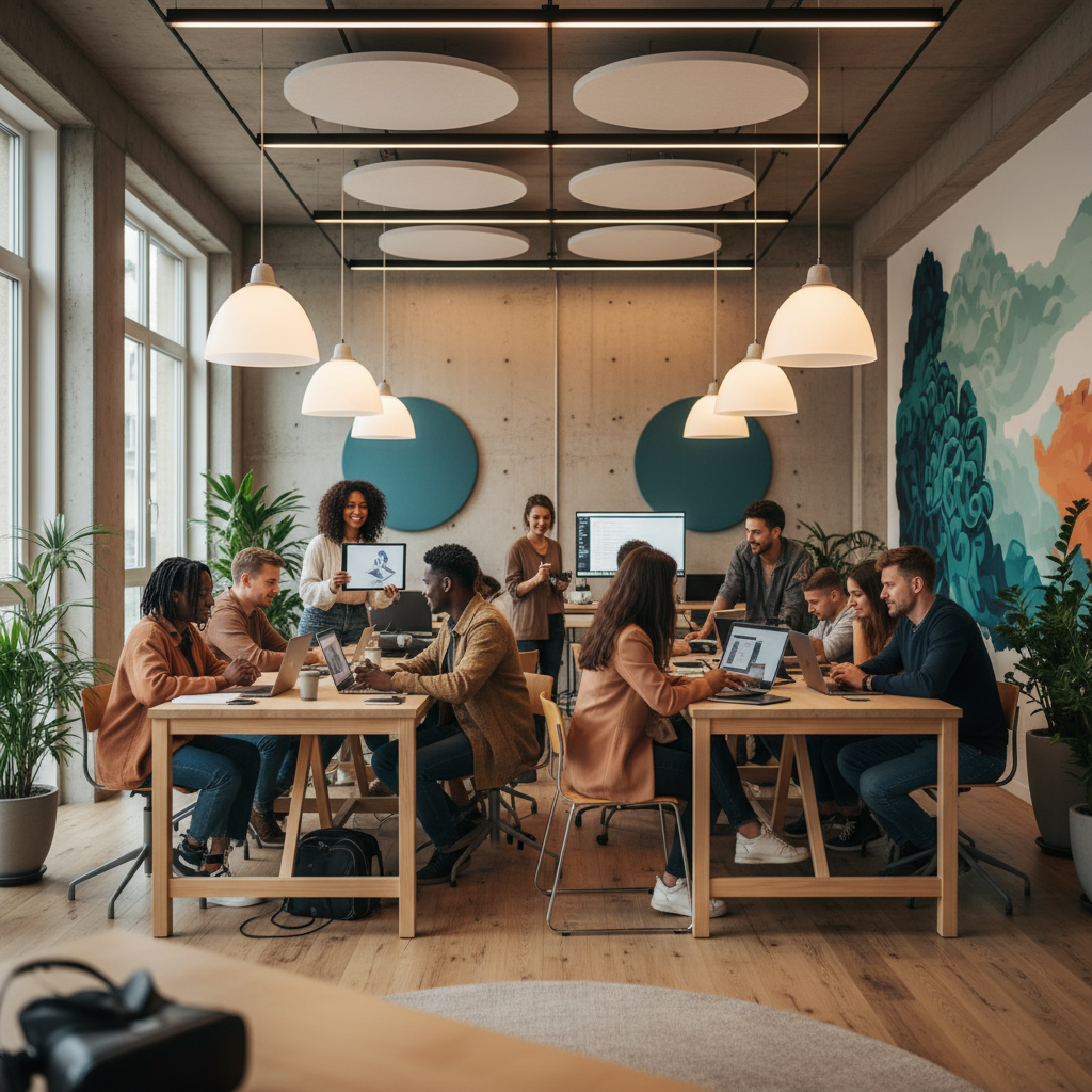 HeyGen review for faceless creators: diverse individuals collaborating with digital tools in a bright, modern co-working space, illustrating creative workflows.