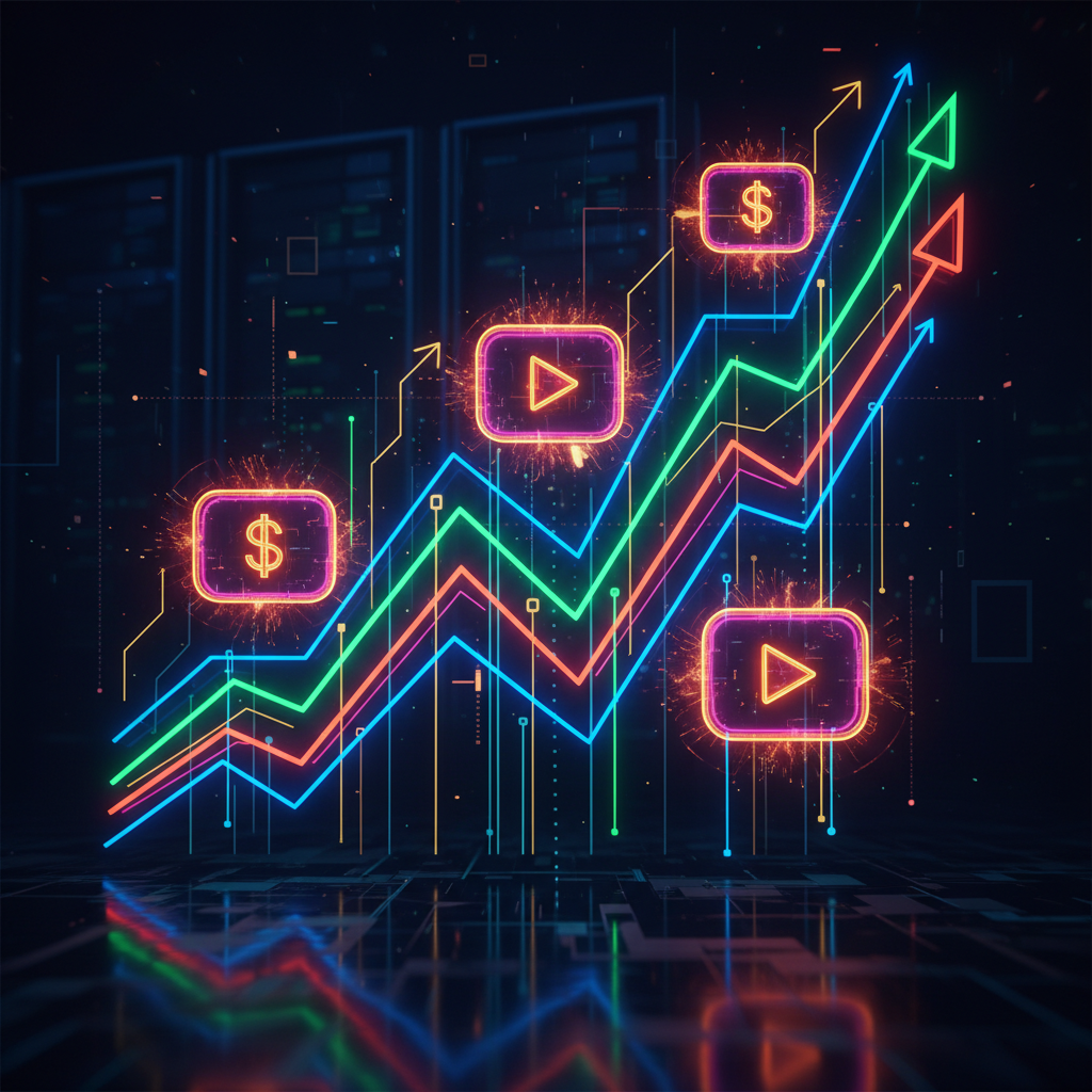 How much do faceless YouTube channels make? Visual representation of YouTube earnings and growth, digital abstract art.