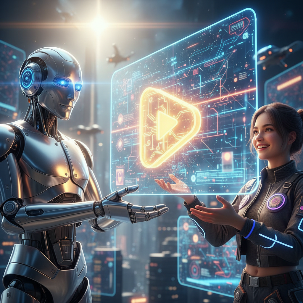 Human creator receiving YouTube monetization from AI robot, illustrating how to avoid YouTube demonetization with AI content in 2026.