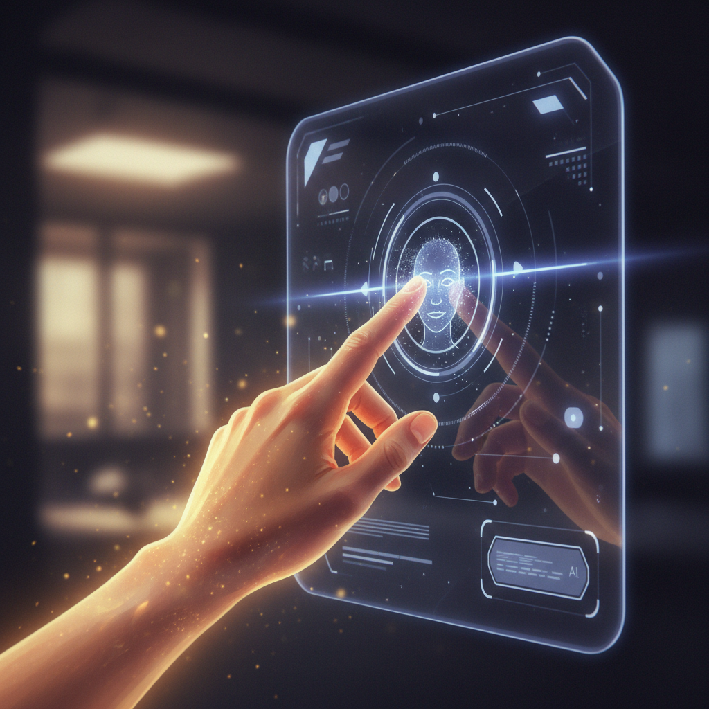 Human hand interacting with AI interface, illustrating how to make AI content look less robotic with a personal touch.