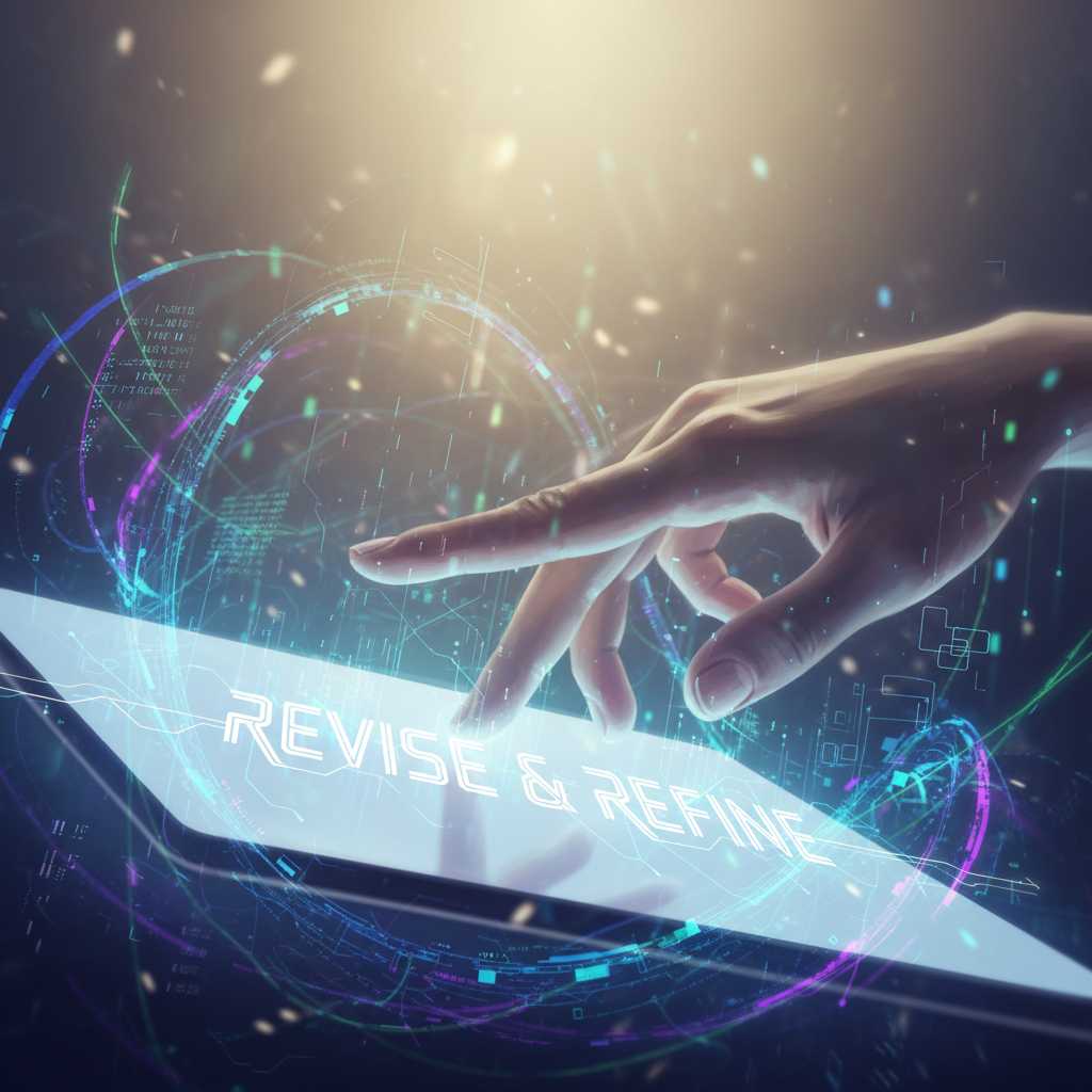 Human hand refining AI script generation for YouTube, emphasizing authentic content editing on a digital interface.