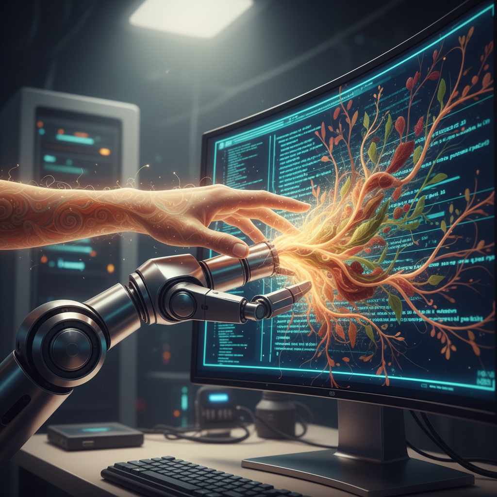 Human hand refining digital code on screen, making AI content less robotic with a touch of organic warmth, conceptual illustration.