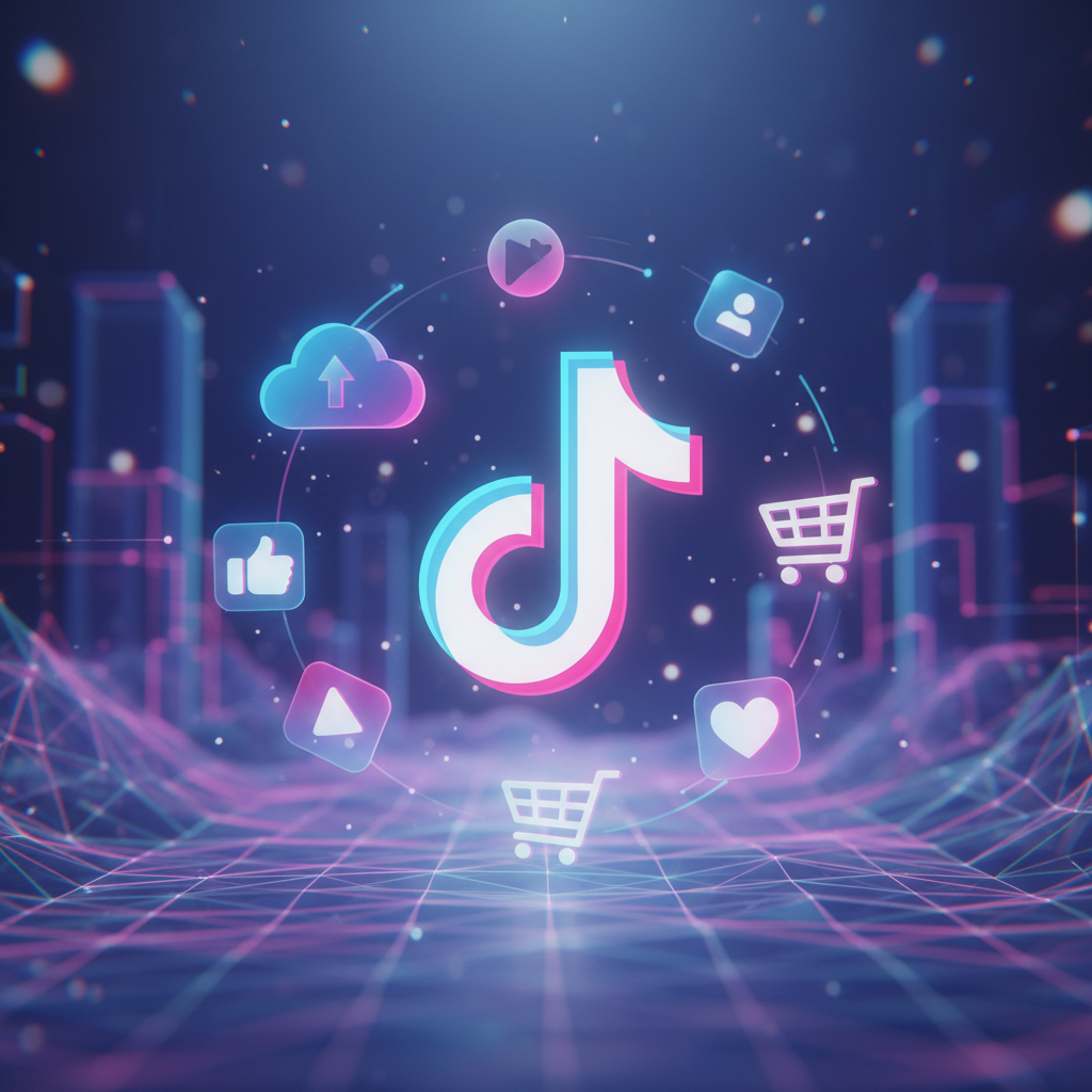 Illustration of digital product monetization for faceless TikTok accounts, showing icons and TikTok logo, abstract tech theme Illustration of digital product monetization for faceless TikTok accounts, showing icons and TikTok logo, abstract tech theme
