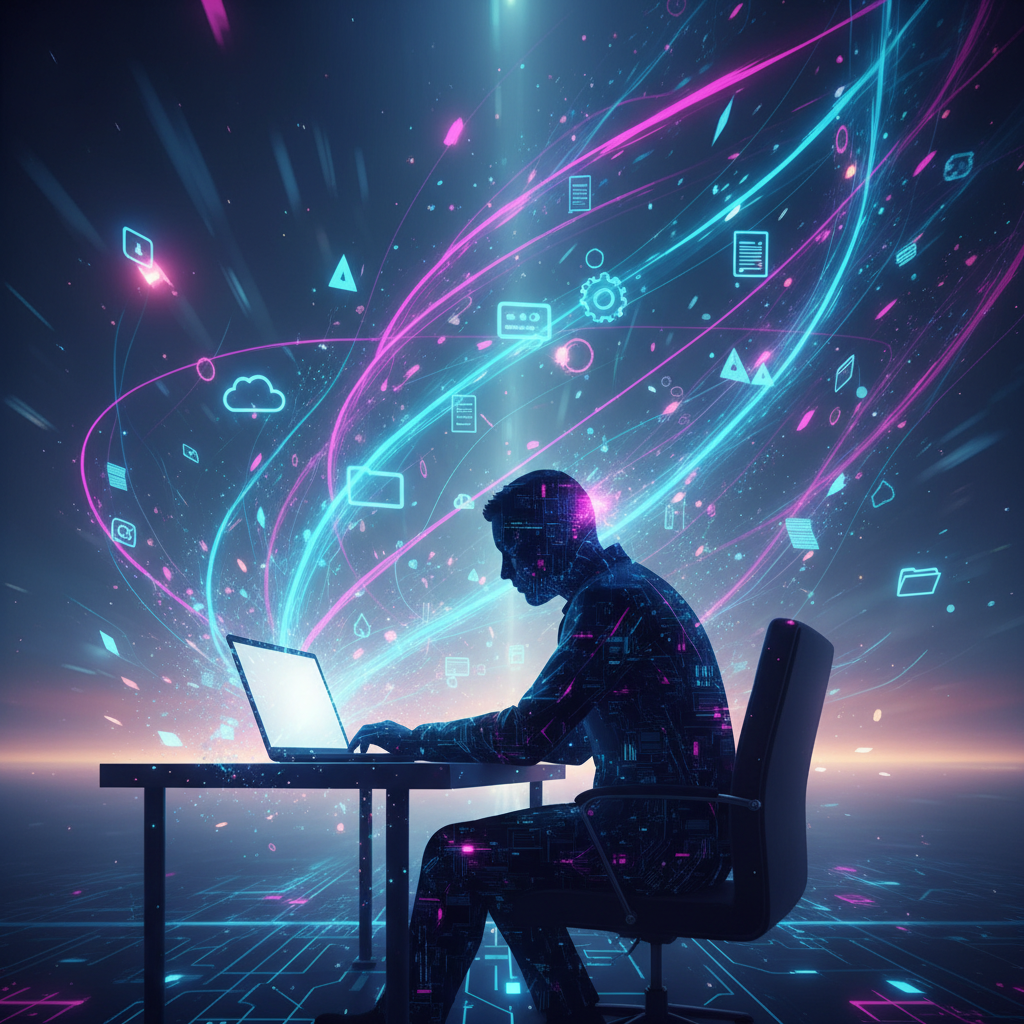 Illustration of how to create faceless content without showing your face, with digital icons and data flow around a silhouette.