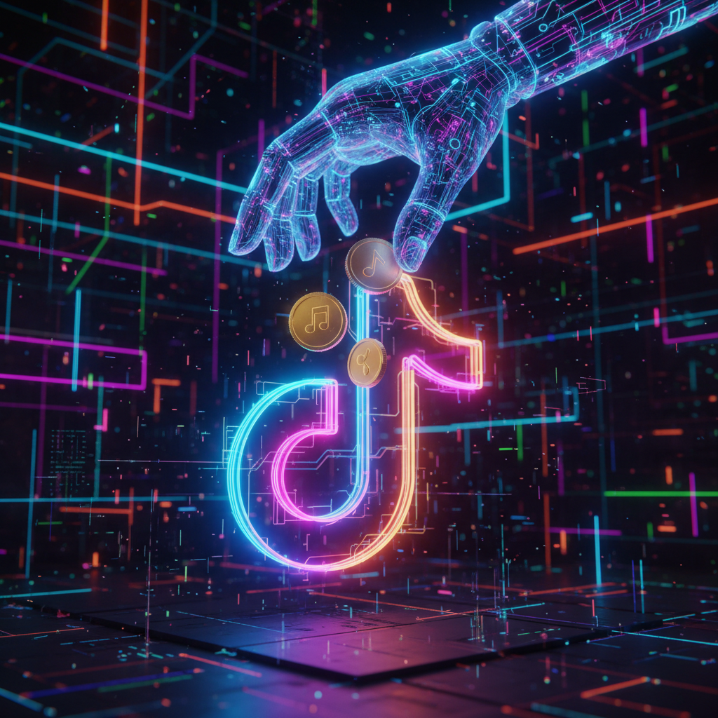 Illustration of monetizing faceless TikTok accounts through affiliate marketing, with digital coins and a glowing platform icon. Illustration of monetizing faceless TikTok accounts through affiliate marketing, with digital coins and a glowing platform icon.