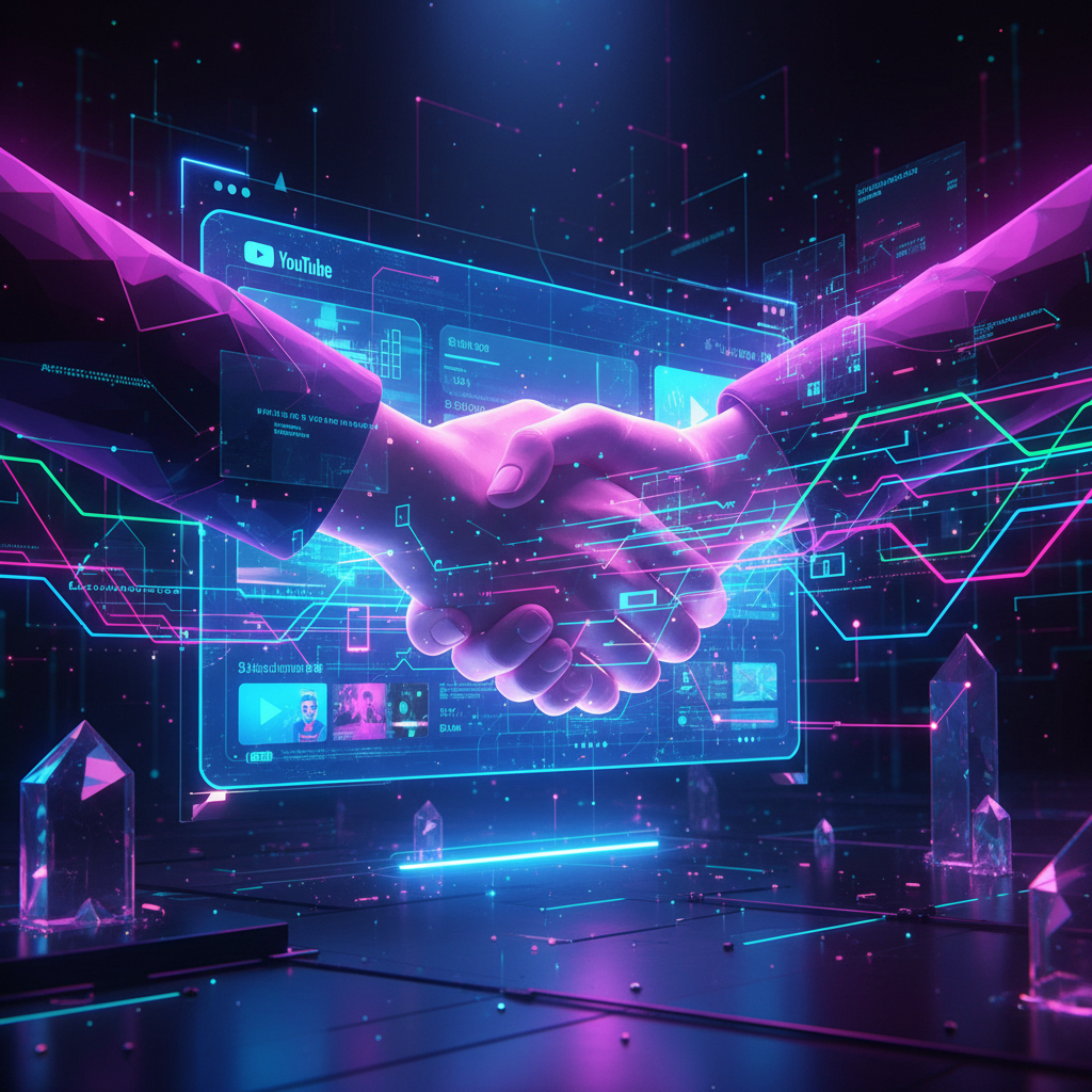 Illustration of selling a faceless YouTube channel, featuring a digital handshake and futuristic YouTube interface, symbolizing a successful transaction.