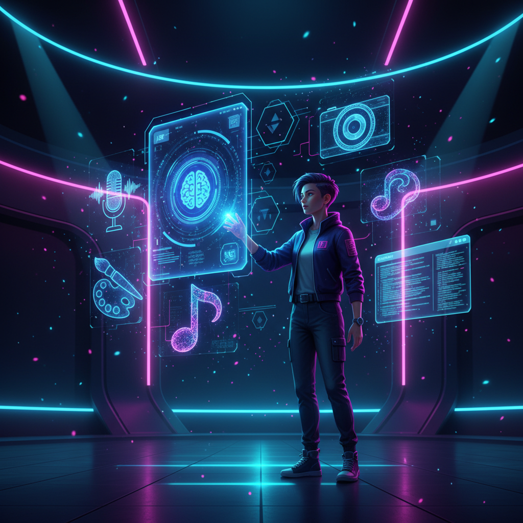 Illustration of using ChatGPT for faceless content scripts within an AI production workflow, showing digital interface and creative tools.