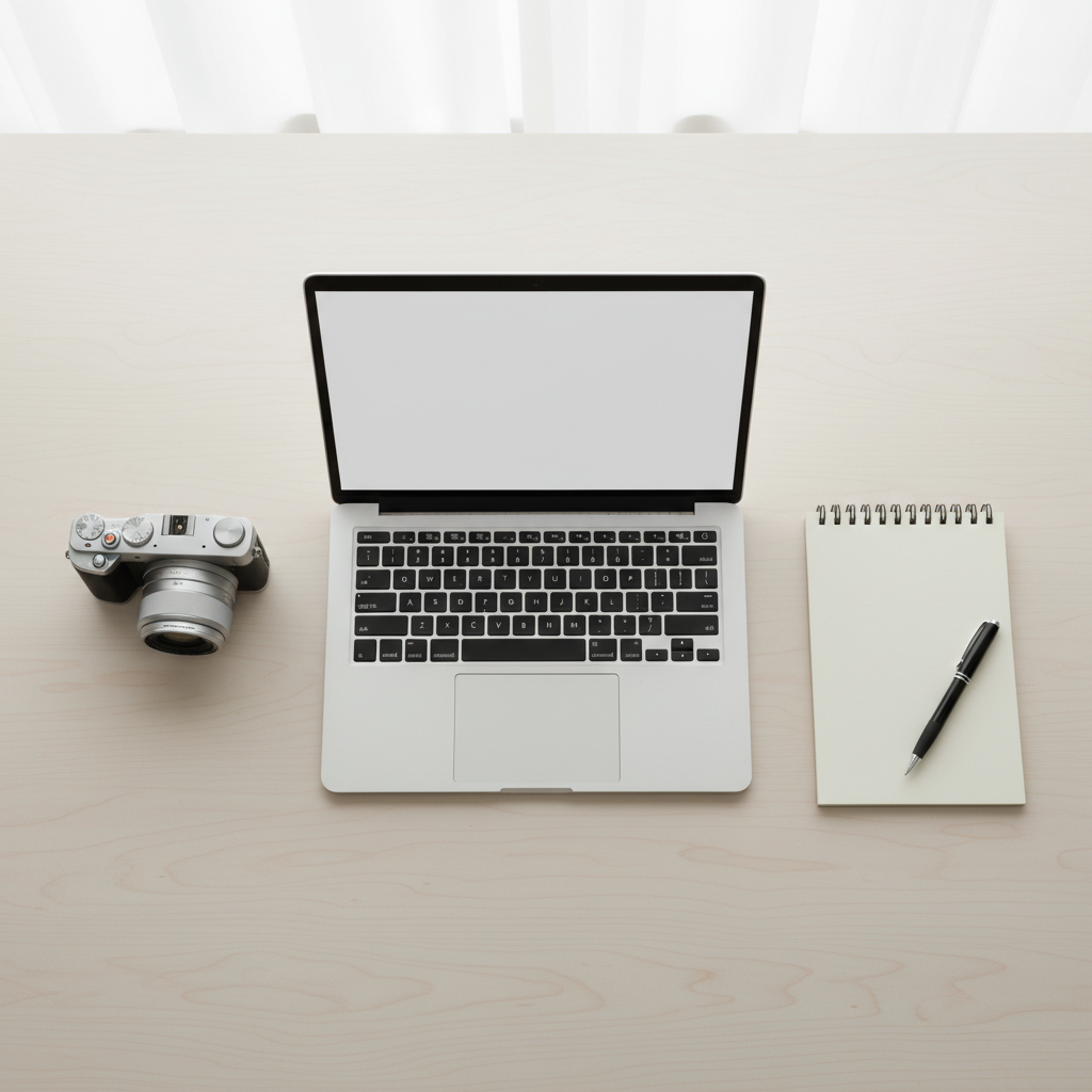 Minimalist desk setup with laptop and camera, illustrating production workflow for successful faceless YouTube channels.