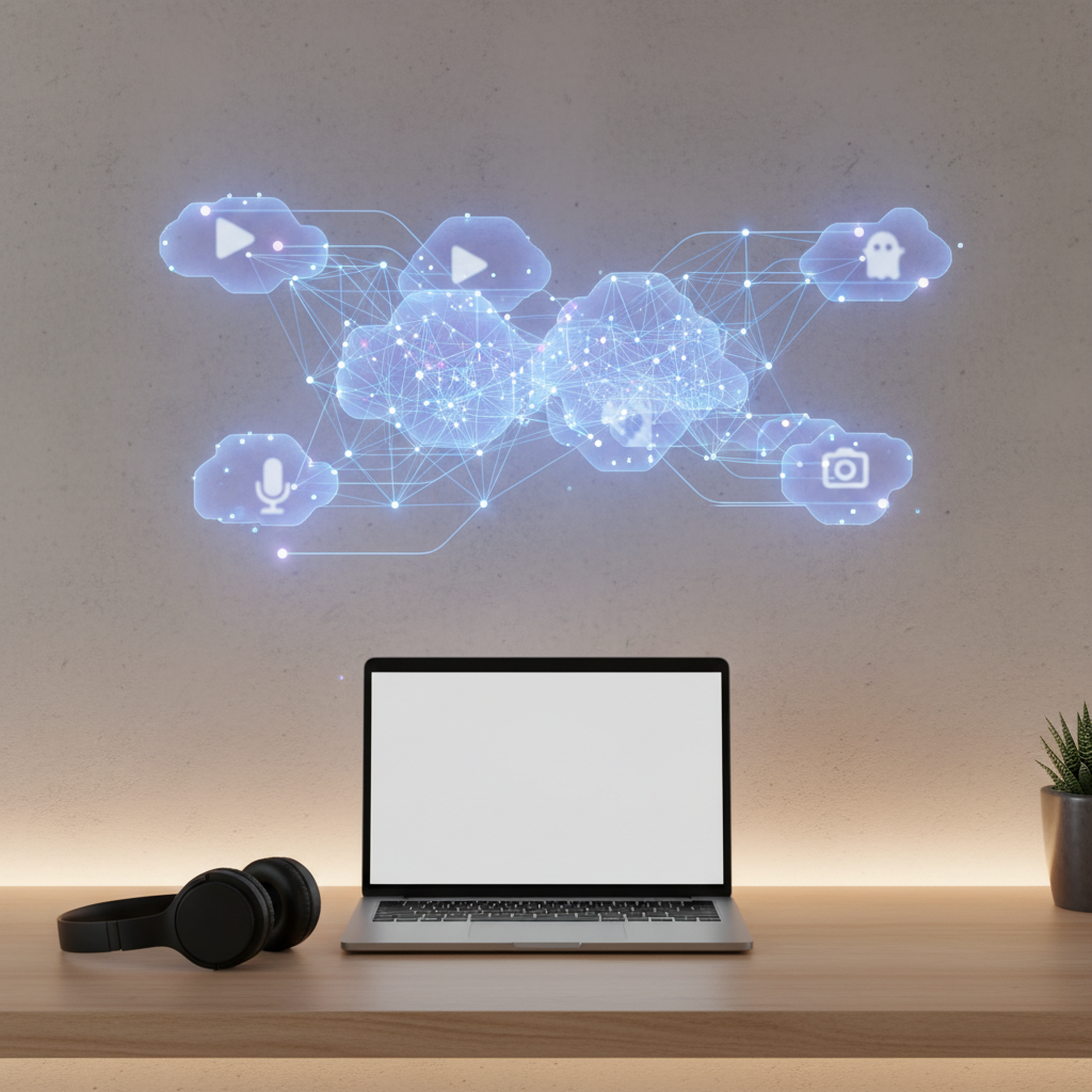 Minimalist desk with laptop and headphones, representing anonymous YouTube channel niches, with abstract digital network and soft lighting.
