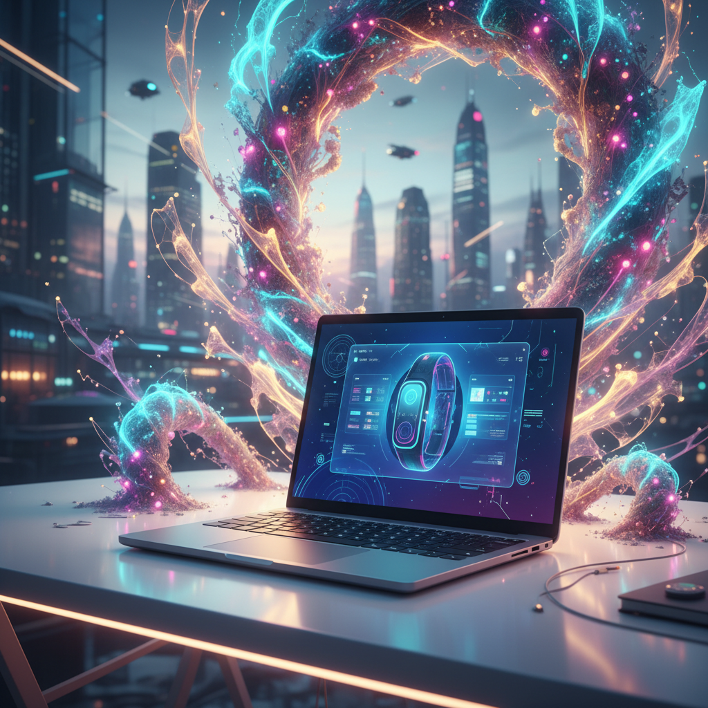 Modern laptop showcasing a digital product, abstract AI art, faceless content creation for selling products on Kajabi