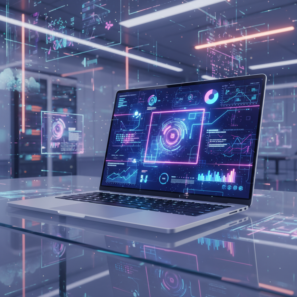 Modern laptop showcasing dynamic tech reviews with abstract digital elements, perfect for faceless tech review channel ideas. Modern laptop showcasing dynamic tech reviews with abstract digital elements, perfect for faceless tech review channel ideas.