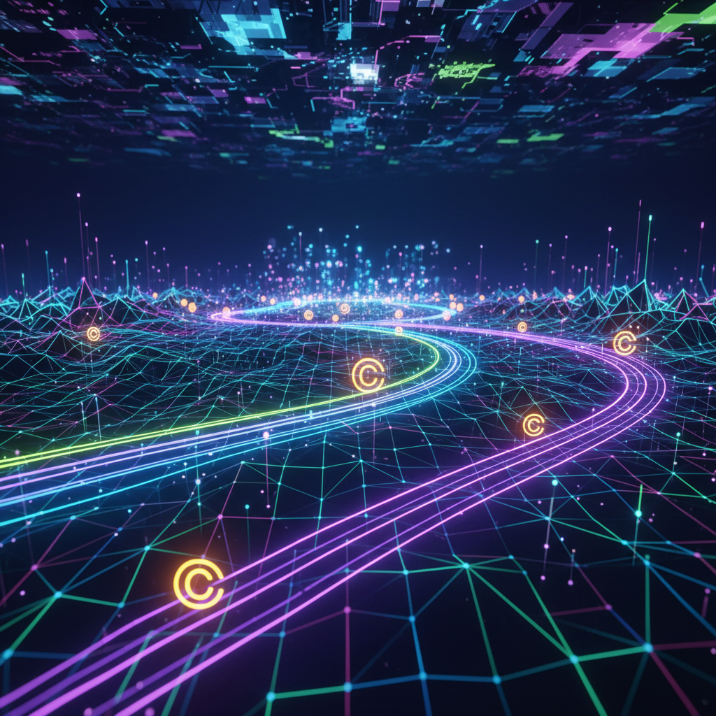 Navigating YouTube's 2026 AI policies and copyright rules for a faceless YouTube automation guide, visualized as digital data streams.