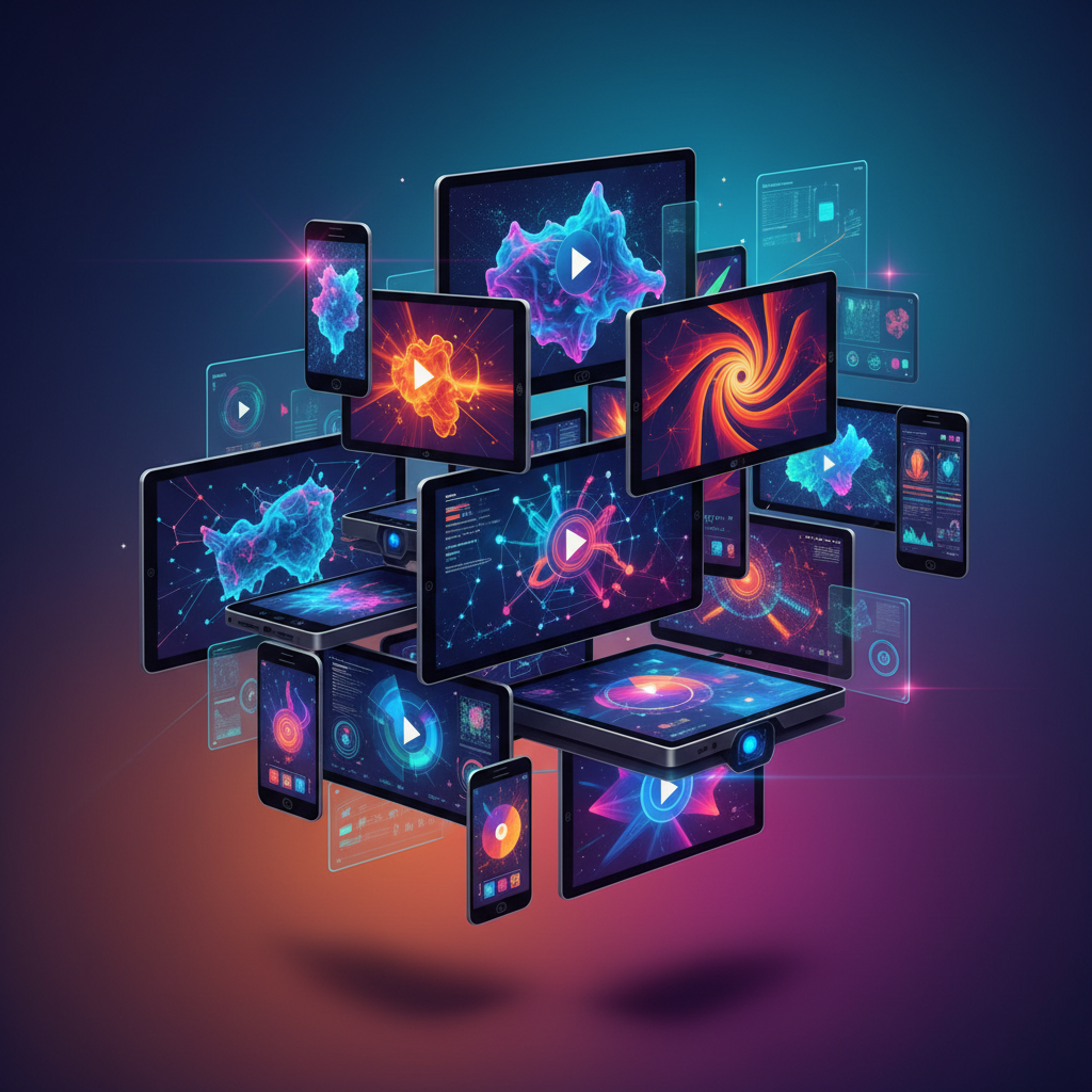 Optimizing faceless video format and length across platforms: diverse devices showcase engaging content with abstract data visualizations, vibrant digital art.