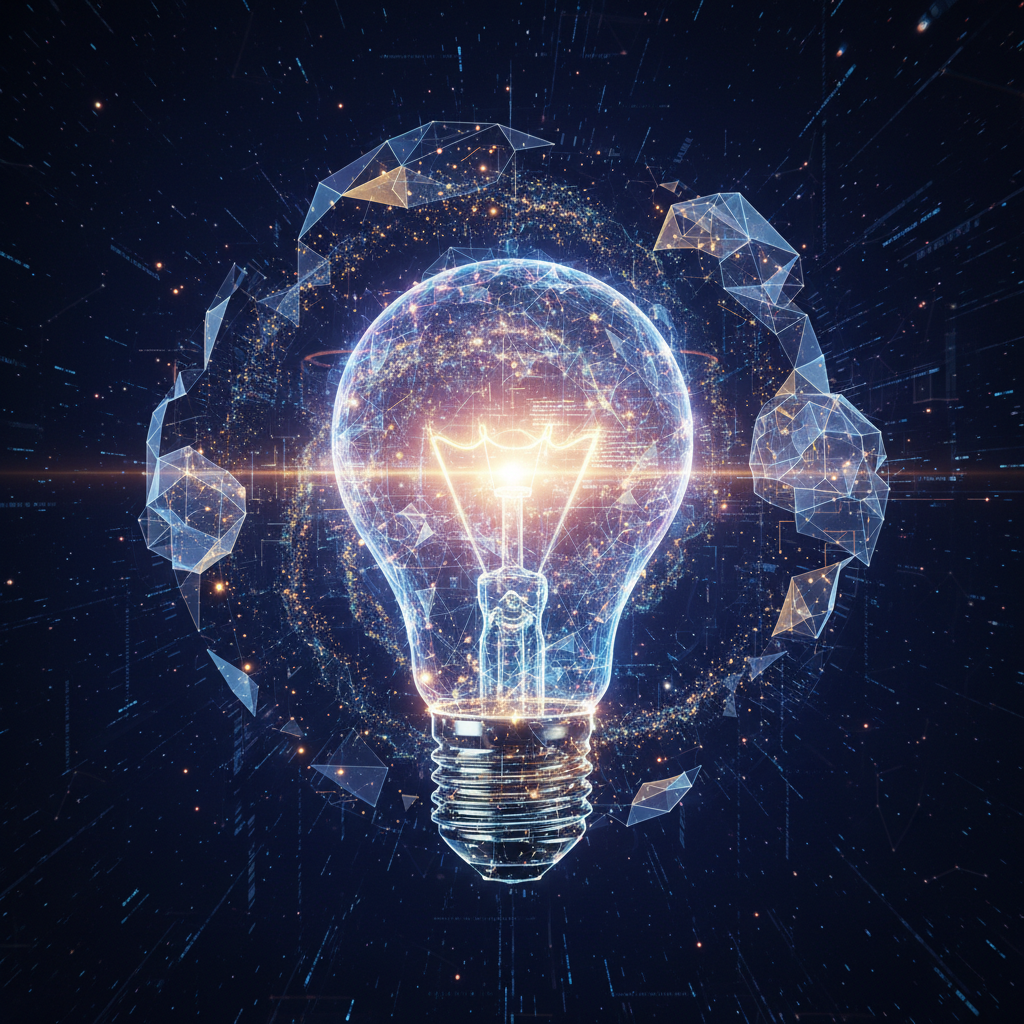 Overcoming creative blocks with AI: abstract digital particles forming a glowing lightbulb, representing infinite ideas and innovation.