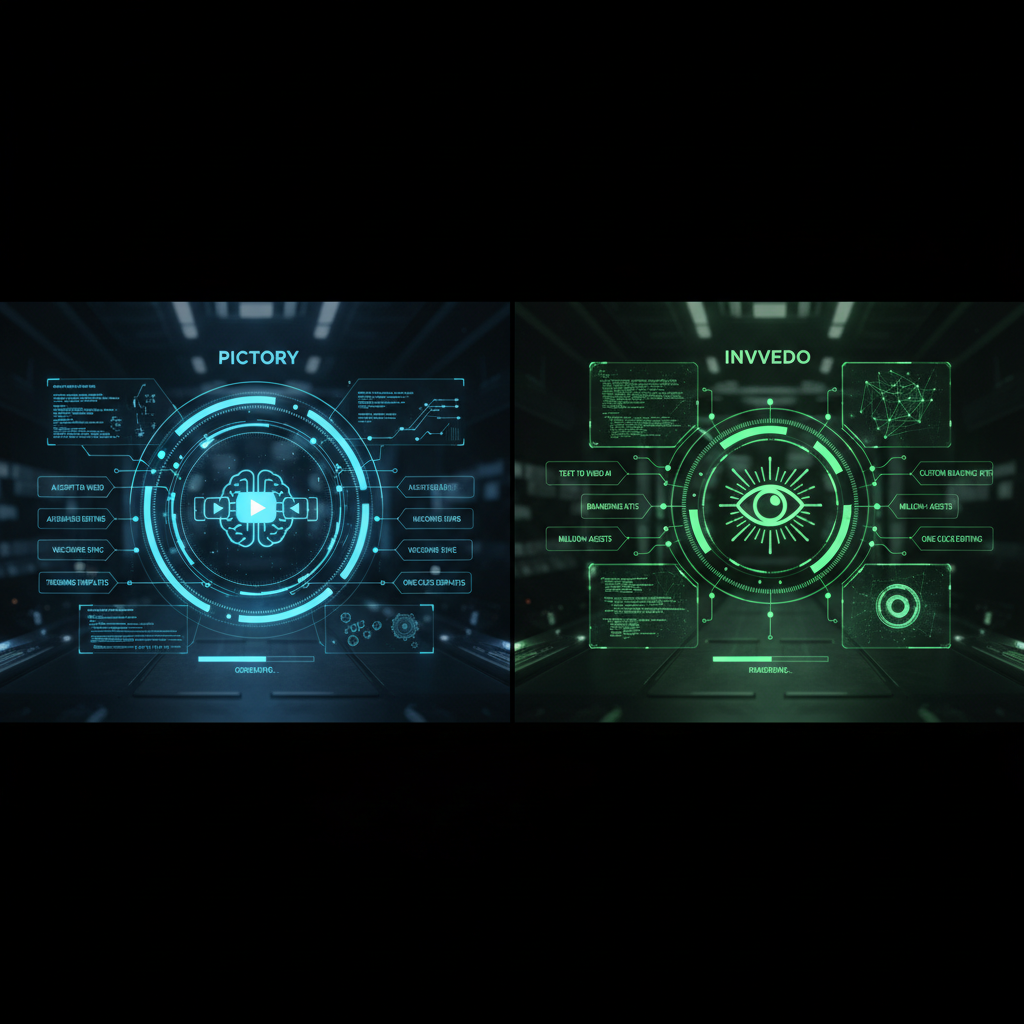 Pictory vs InVideo comparison showing futuristic AI interfaces with data streams, illustrating faceless video generation quality.