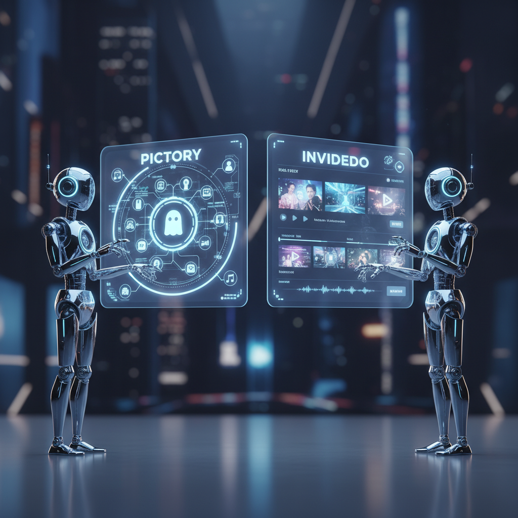 Pictory vs InVideo for faceless videos comparison, AI robots analyzing digital interfaces, illustrating workflow speed in AI video generation tools.
