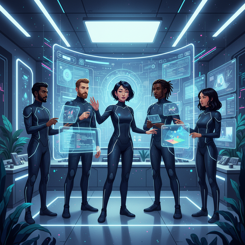 Professionals integrating diverse AI tools into a futuristic content production workflow illustrating the best workflow for AI content production.