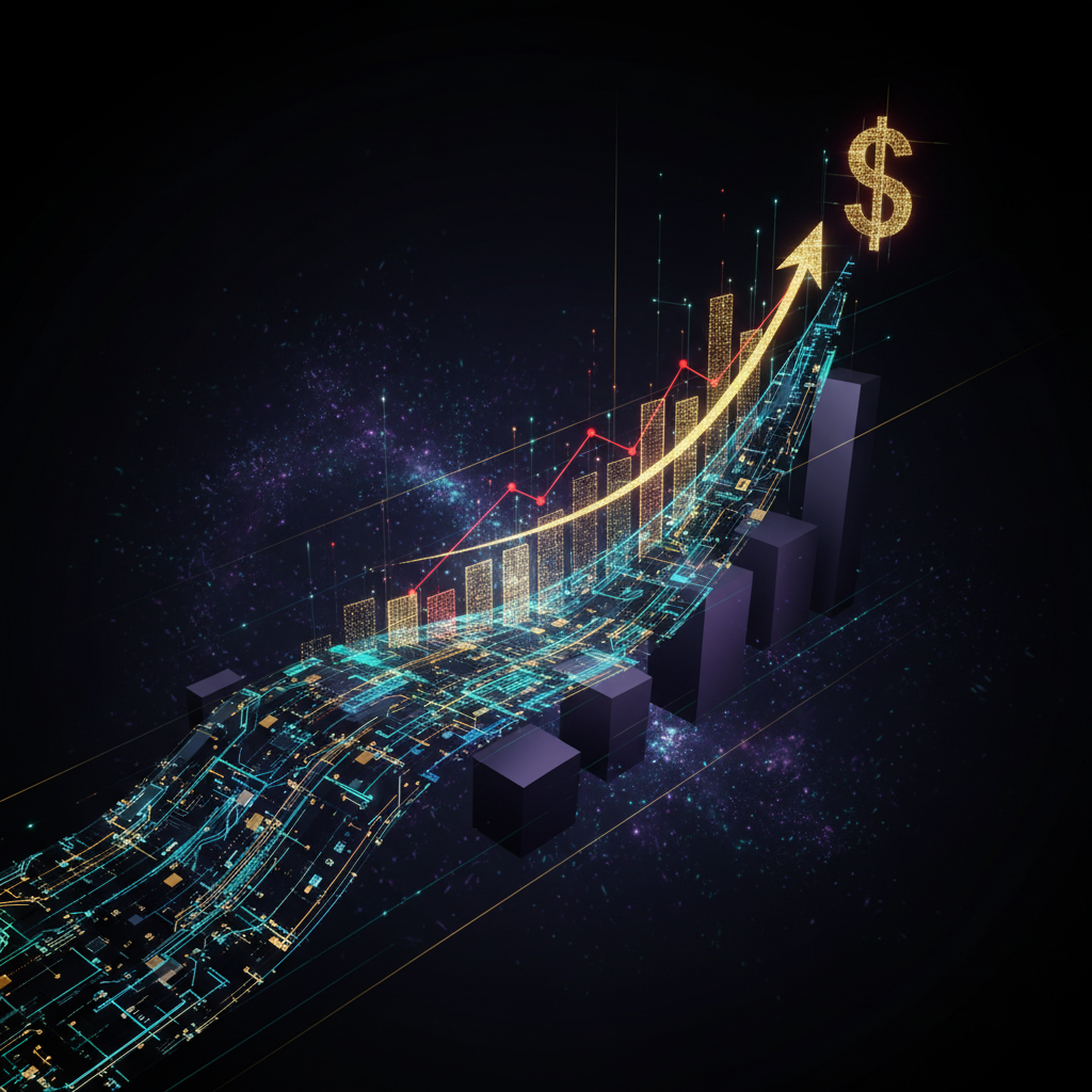 Profitable AI finance channel without showing face concept, illustrated with glowing digital circuits and financial data visualizations. Profitable AI finance channel without showing face concept, illustrated with glowing digital circuits and financial data visualizations.