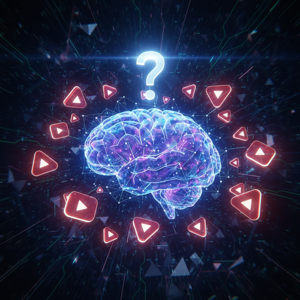 Question mark over digital brain, YouTube play buttons, exploring if YouTube will ban AI-generated channels.
