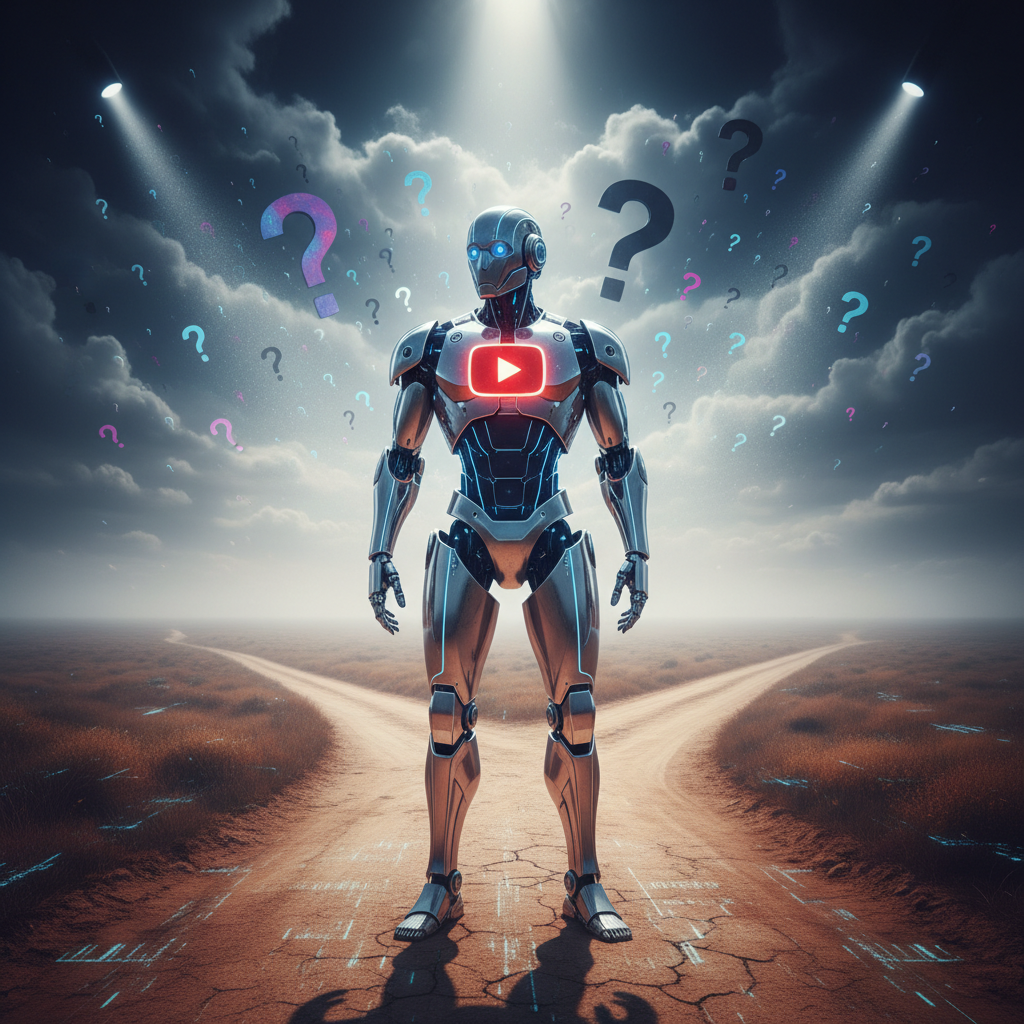 Questioning if YouTube will ban AI-generated channels in 2026, depicted by a robot at a digital crossroads.