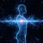 Realistic AI voiceover for faceless channels, conceptual image showing human voice merging with digital sound waves.