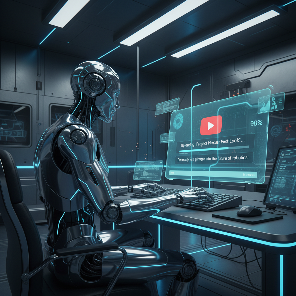 Robot creator uploading video to YouTube, illustrating the question "will YouTube ban AI-generated channels?" in a futuristic digital art style.