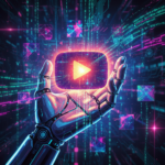Robot hand holding YouTube play button, representing monetizing AI videos on YouTube with digital code and AI art.
