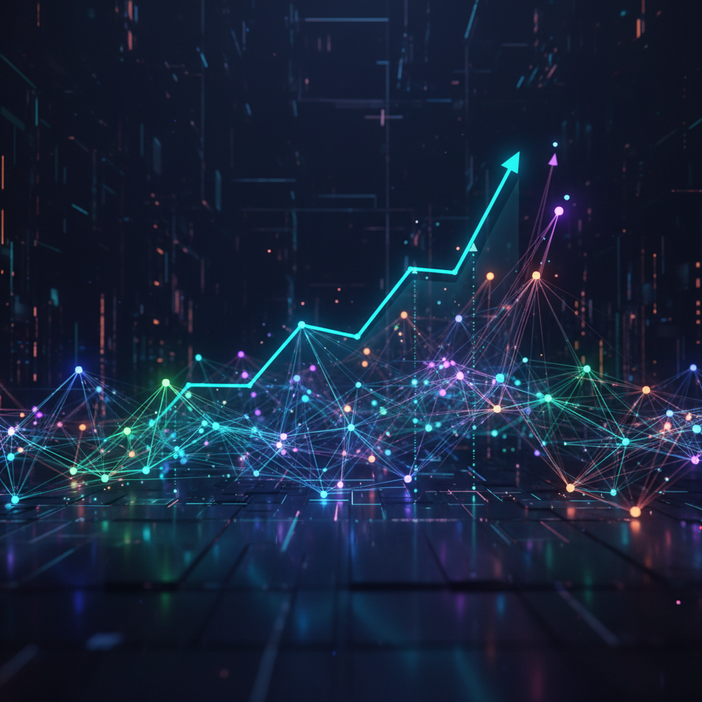 Scaling an AI content creation business visualized as a futuristic digital network with growth graphs and glowing connections.