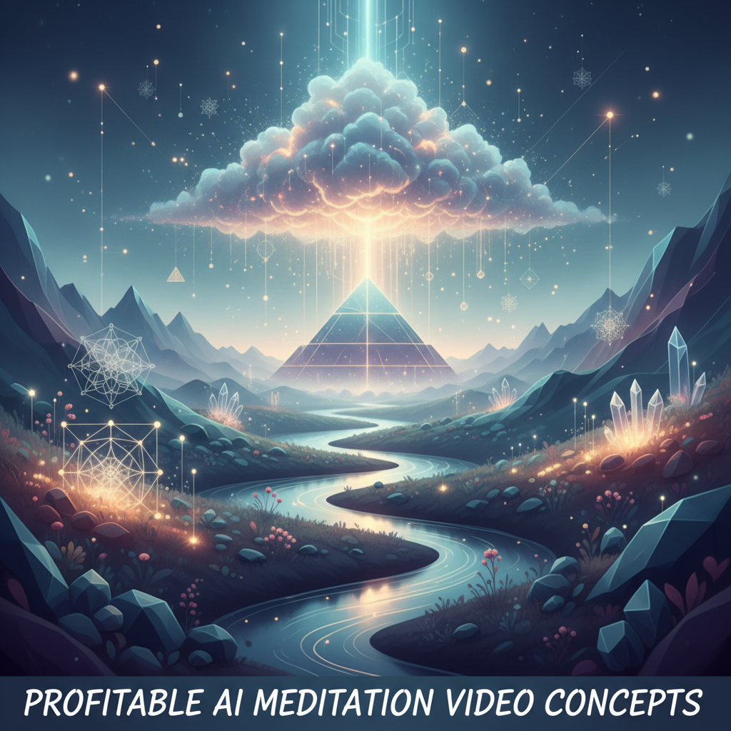 Serene AI-generated landscape with glowing geometric patterns, illustrating profitable AI-generated meditation video ideas for 2026.