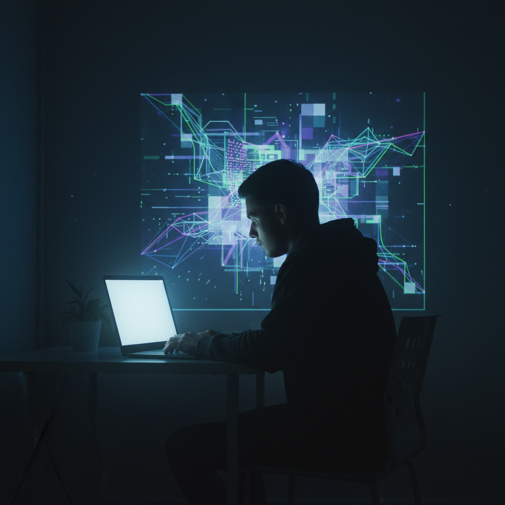 Silhouette of a person creating faceless content on a laptop, illustrating how to create faceless content without showing your face.