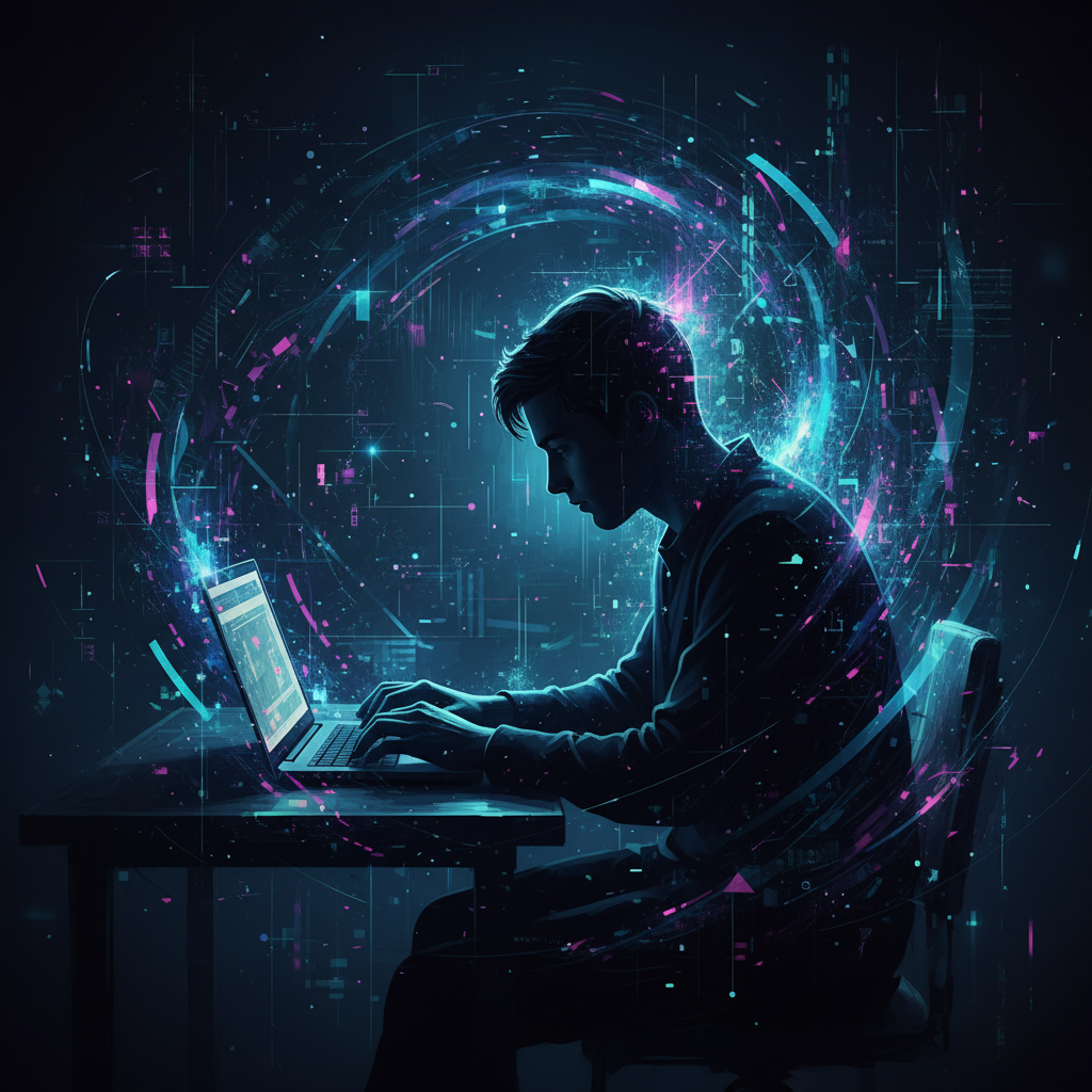 Silhouette of anonymous entrepreneur creating faceless content on laptop, digital elements, how to create faceless content without showing your face.