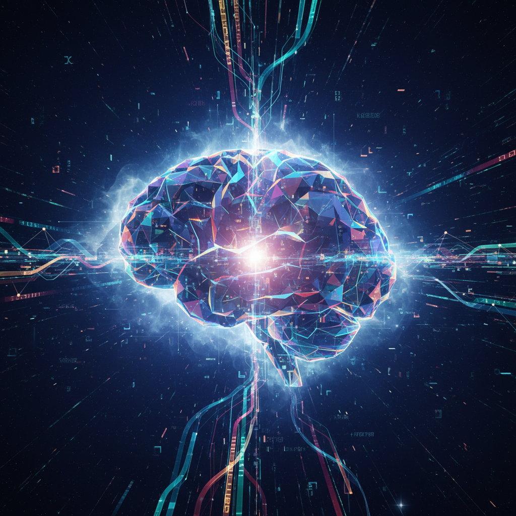 Step-by-step guide to AI faceless content: abstract visual of AI brain with data streams, representing the process of creating AI-driven content.