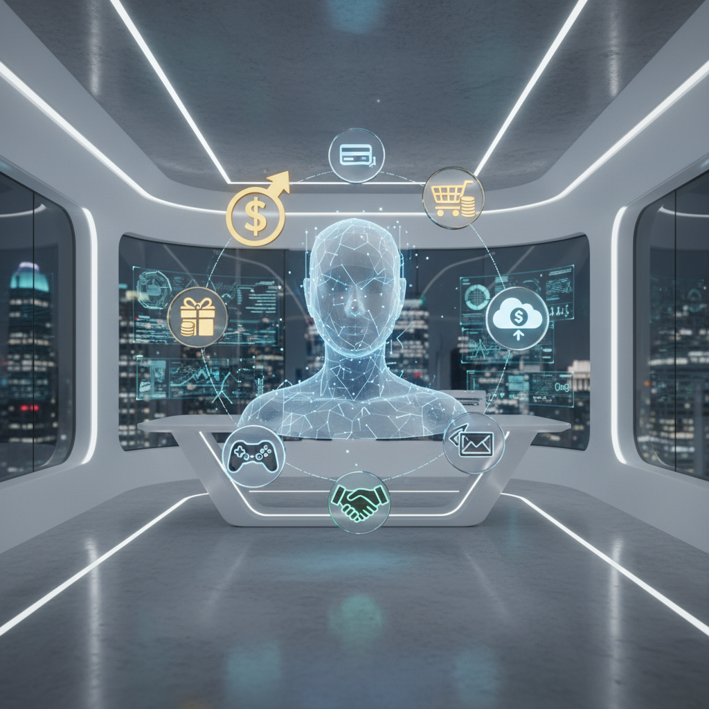 Step-by-step guide to AI faceless content monetization: digital icons for ads, affiliates, and subscriptions surround a faceless AI.