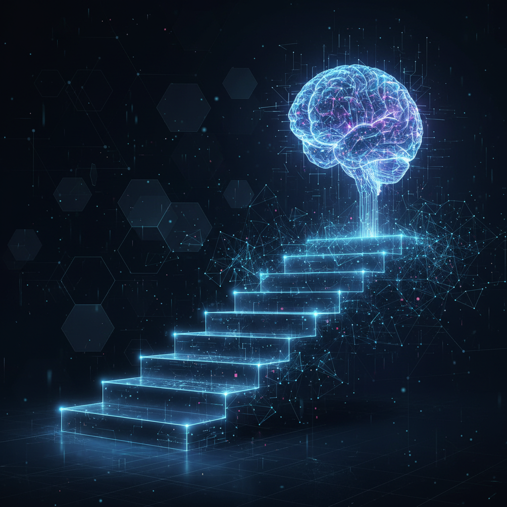 Step-by-step guide to AI faceless content visualized as glowing digital steps leading to an AI brain illustration.