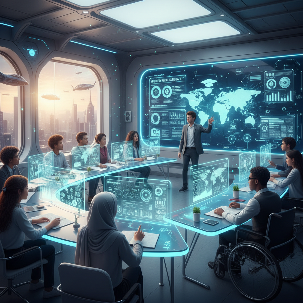 Students engaging with AI fact-checking interfaces for educational content, showcasing verified data in a futuristic digital classroom setting.