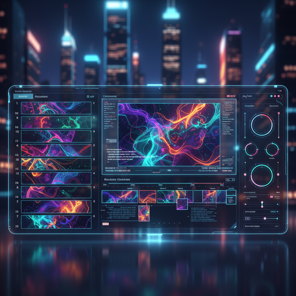 Stunning faceless video creation with AI, showcasing abstract digital art and futuristic editing interface, no faces visible.