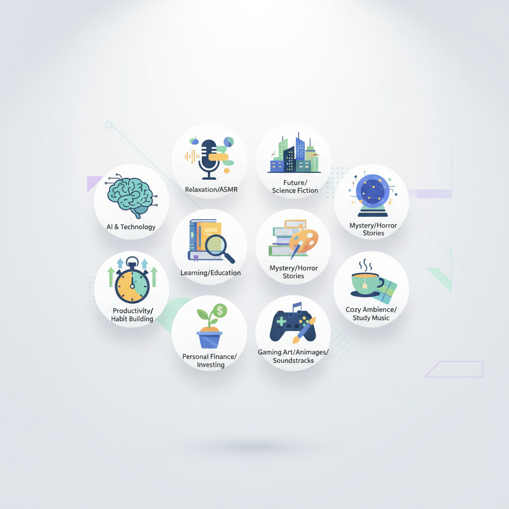 Top 10 faceless YouTube channel ideas visual concept, showcasing diverse niche icons and AI workflow elements, bright studio lighting, digital art.