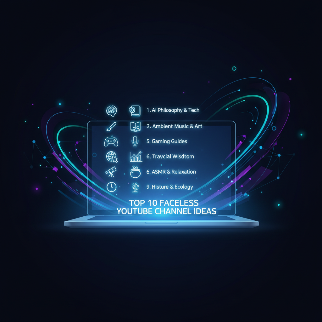 Top 10 faceless YouTube channel ideas visualized as glowing icons on a laptop screen, perfect for a cover image.
