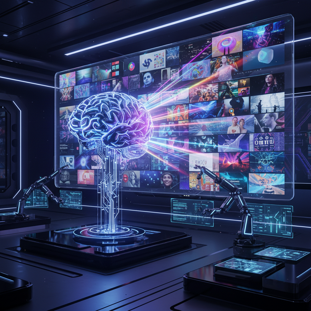 Top AI script writers for video content visualized as a glowing futuristic AI brain creating viral video clips on a digital canvas.