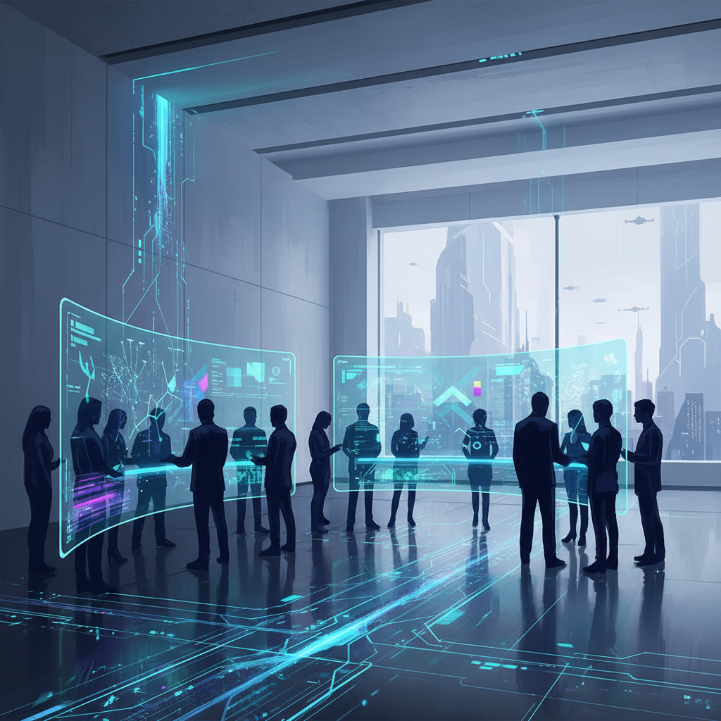 Virtual team managing AI technology for scaling a faceless content business, diverse silhouettes, futuristic digital interfaces. Virtual team managing AI technology for scaling a faceless content business, diverse silhouettes, futuristic digital interfaces.